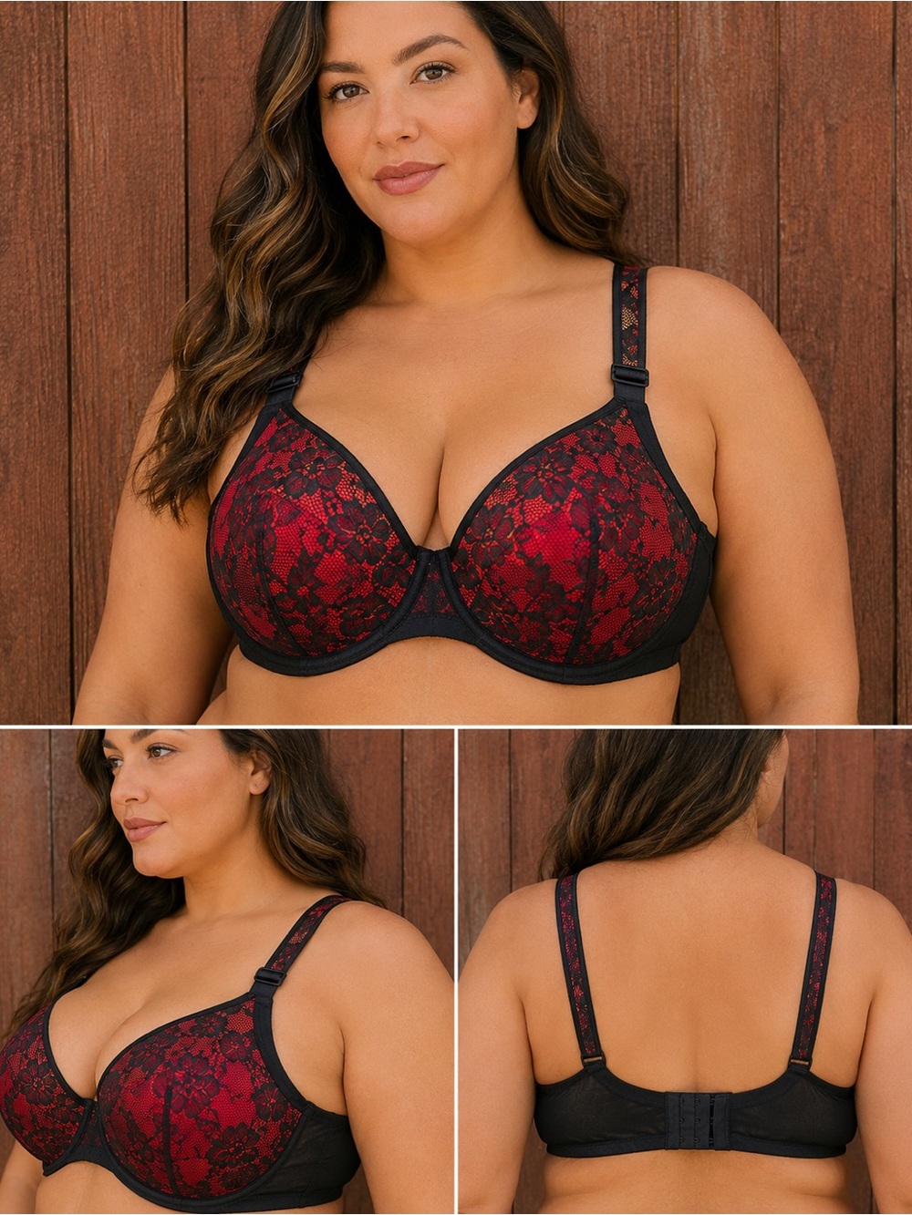Cacique 46C Lightly Lined Full Coverage Bra Red Black Floral Lace Underwire